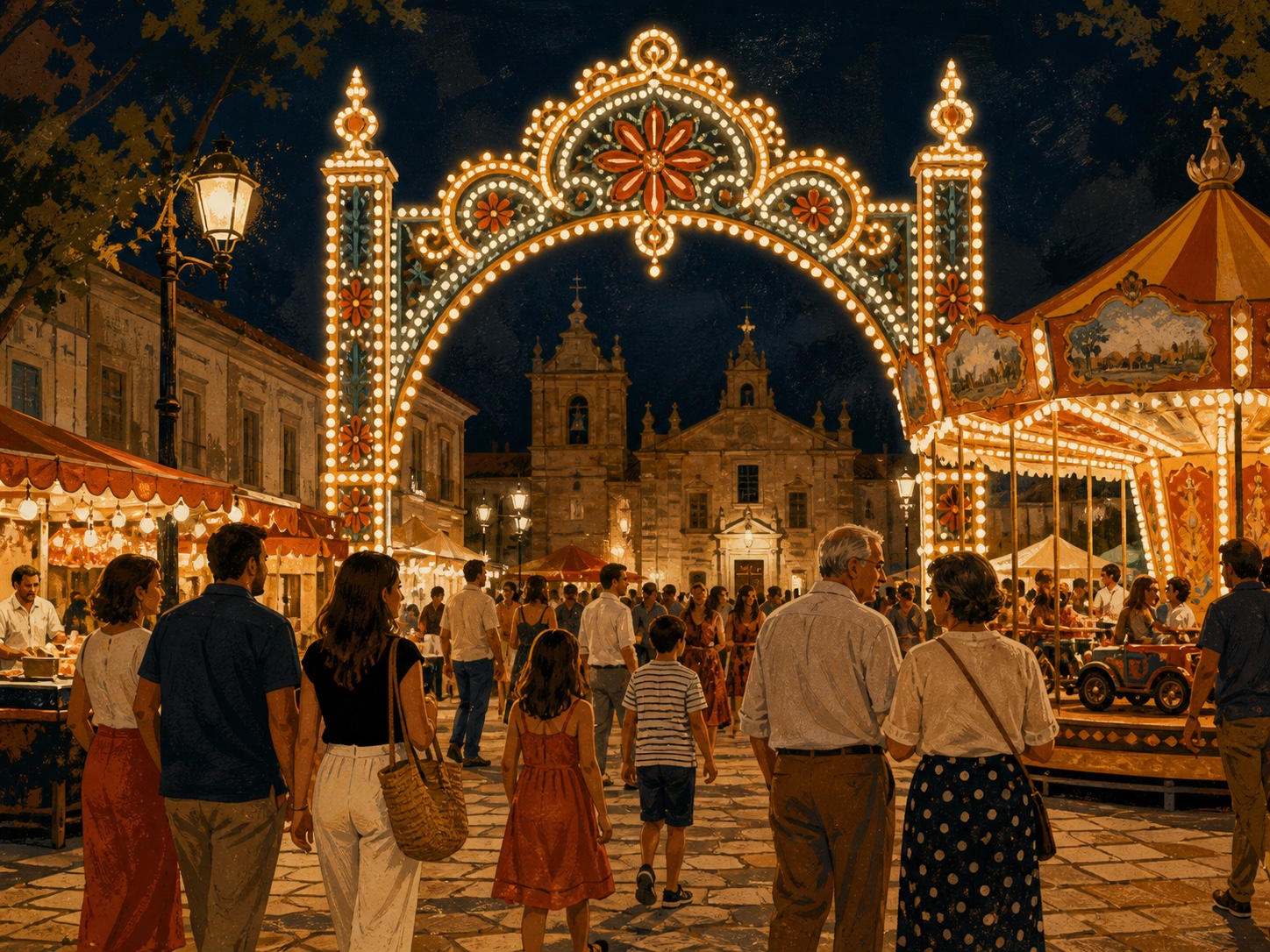 Editorial illustration of families walking beneath illuminated arches at a Portuguese summer fair