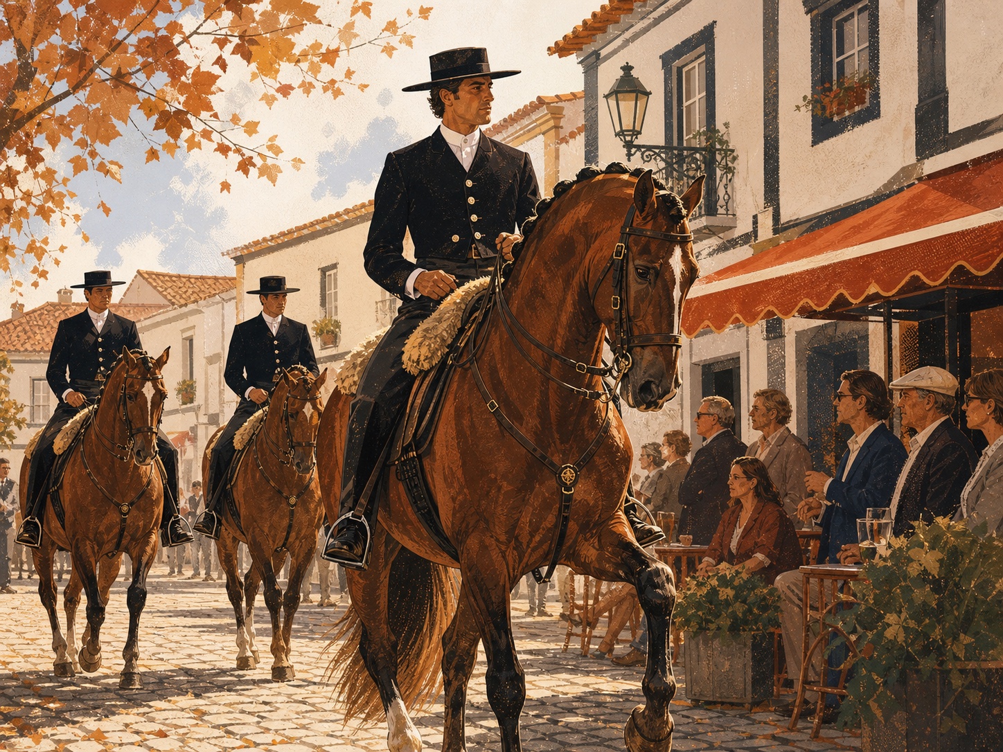 Editorial illustration of Lusitano riders moving through Golegã during the horse fair