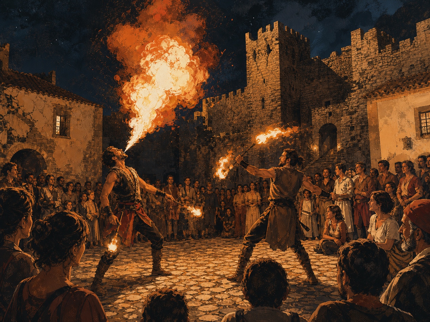 Editorial illustration of fire performers and a crowd at a Portuguese medieval festival