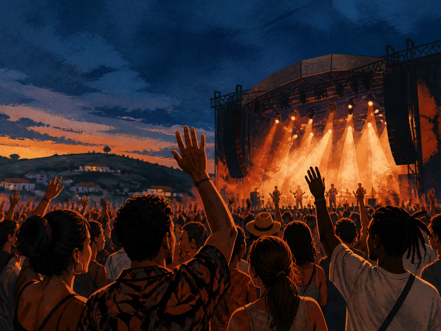 Editorial illustration of a crowd enjoying an outdoor Portuguese music festival at dusk